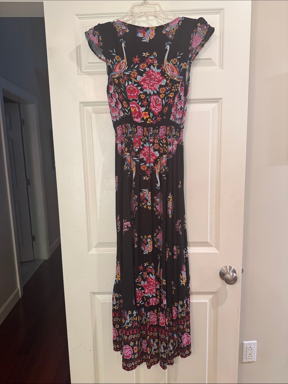 Black Floral High-Low Dress with Pink & Red Accents - Picture 2 of 4